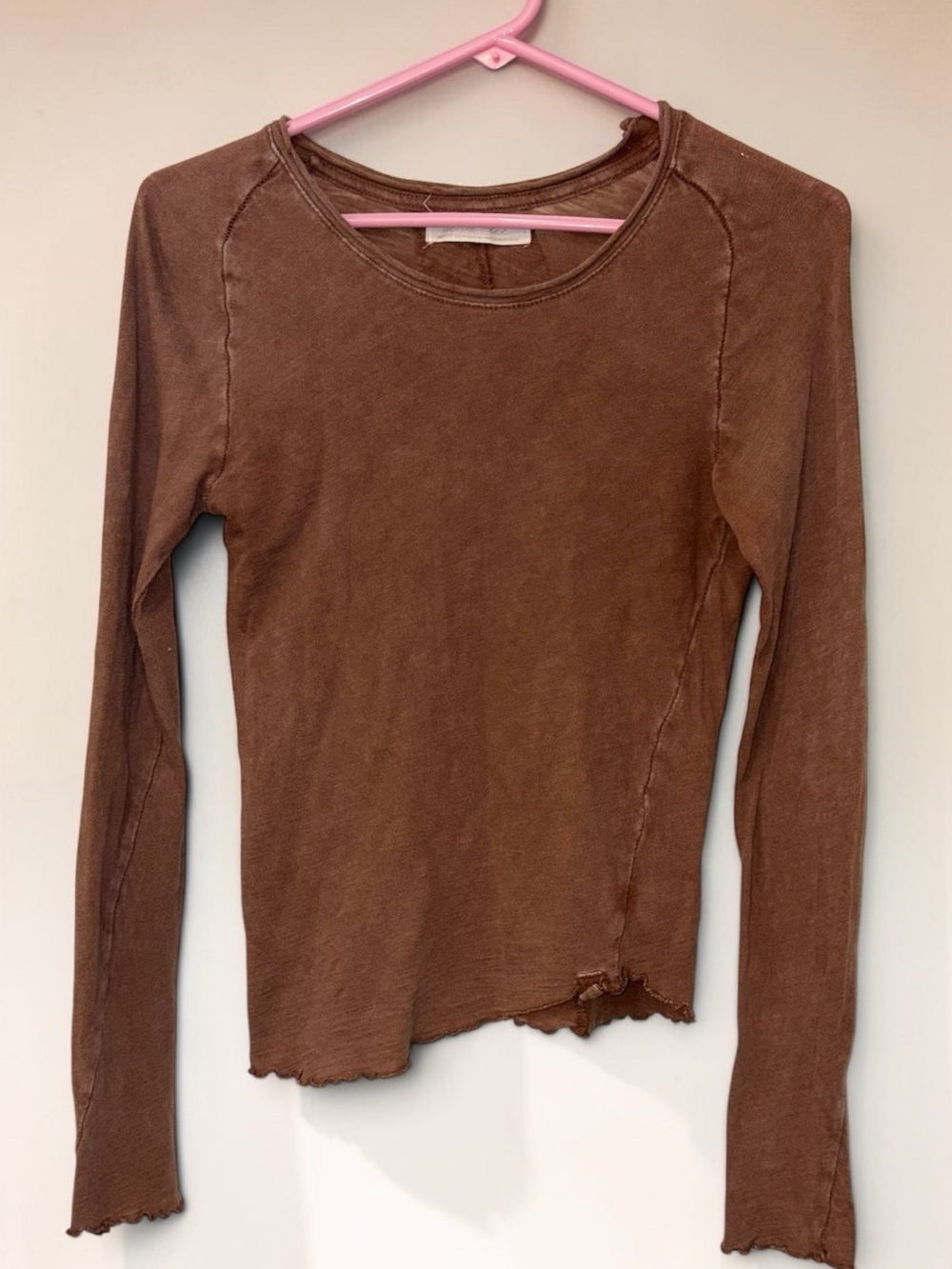 Free People Brown Vintage-Wash Long Sleeve Crew Tee